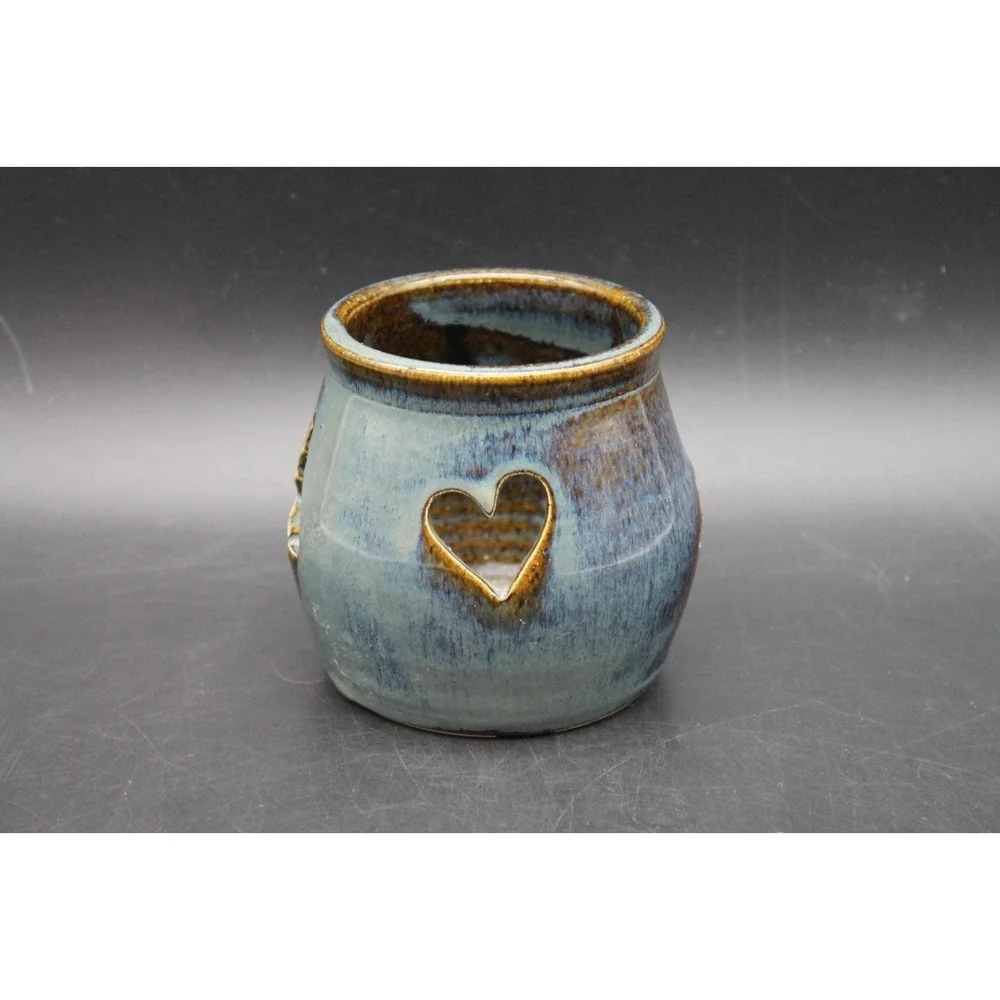Handmade Pottery Luminary Candle Holder Blue Brown Glazed Tree Heart Cutouts